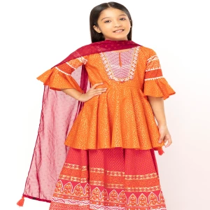 Orange Printed and Embroidered Linen Ghagra Choli Set